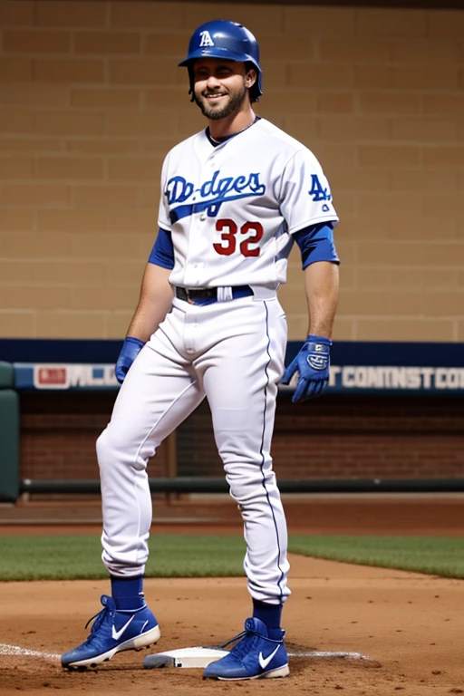 Muscular Roman Todd with facial hair wears LA Dodger baseball uniform, long white pants, high blue socks over pants, black cleats, tight blue gloves, bulge, big penis, short cut hair, baseball helmet, smile, hand touching crotch, full body view
