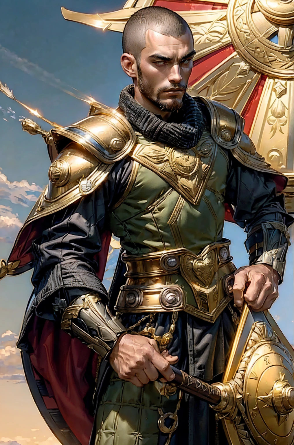 a man Holding a trangular kite shield with a painted emblem of a sword with a golden sunburns on the shield a Man with a Short military buzz cut hair. A man with Dark-hair, muscular, with a fierce severe serious expression on his face, a five-o-clock shadow of a beard on his face. He's a soldier in red gold and silver armor with a kite shield with an emblem of a sword with a sunburst behind it on a red background. With a golden lion pauldron on one shoulder