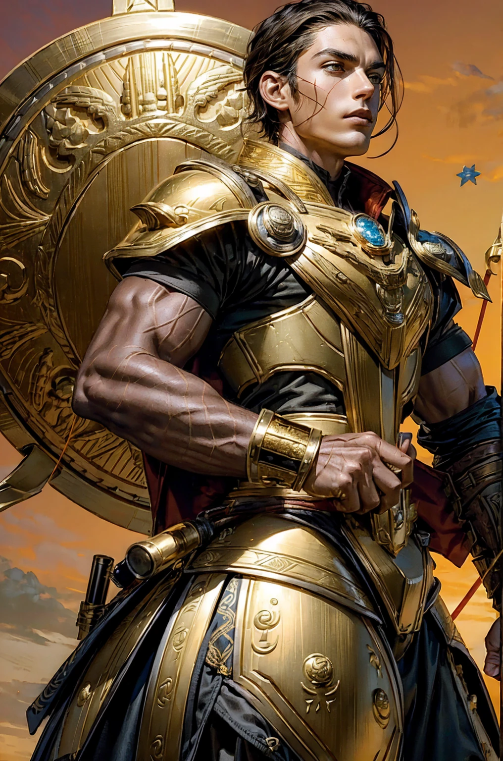 a man Holding a trangular kite shield with a painted emblem of a sword with a golden sunburns on the shield a Man with a Short military buzz cut hair. A man with Dark-hair, muscular, with a fierce severe serious expression on his face, a five-o-clock shadow of a beard on his face. He's a soldier in red gold and silver armor with a kite shield with an emblem of a sword with a sunburst behind it on a red background. With a golden lion pauldron on one shoulder