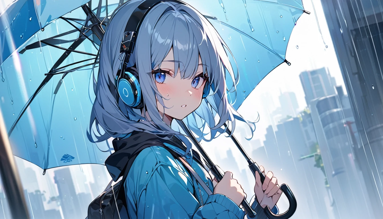 (Highest quality),Girl holding an umbrella in the rain、Headphones