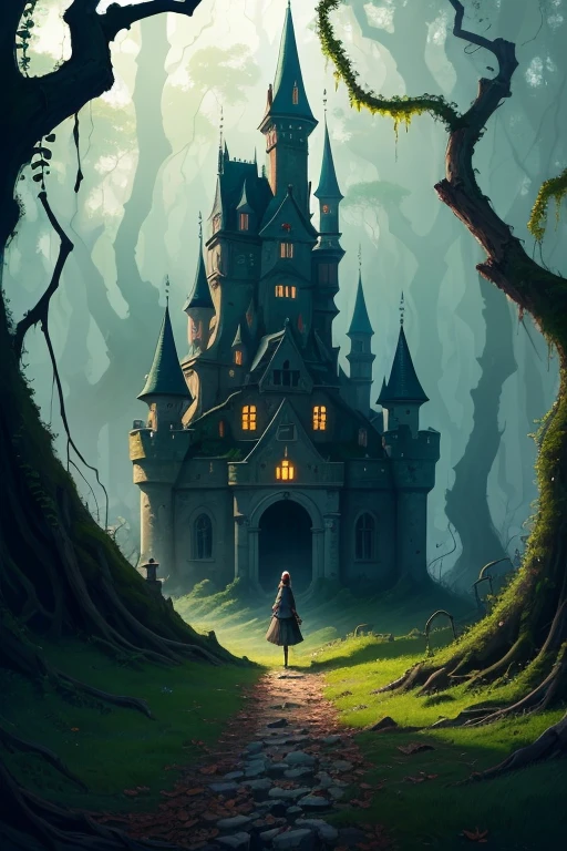 An old and partially demolished castle, covered in vines and moss. The scene is a bit dark and gloomy, with a brave girl exploring a secret chamber with a torch in her hand. (animated image)