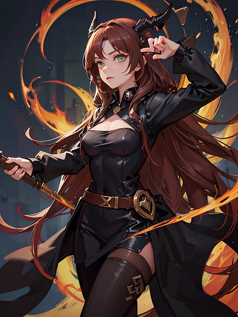 Young girl with dark copper hair, Dark green eyes, sly facial expression, sexy girl, dressed in simple black clothes, long hair, cute face, Big hips, belt art , black small horns on the head, witch