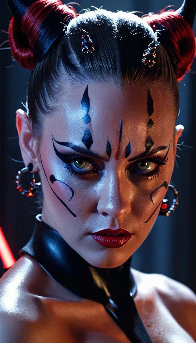 cinematic star wars, female darth maul, topless, naked, light sabber . dramatic fithing poses. full body shoot. intricate detailed face, beautiful detailed eyes, beautiful detailed lips, extremely detailed face and eyes, long eyelashes, dramatic lighting, cinematic composition, moody color palette, dramatic shadows, sci-fi, , 8k, ultra-detailed, photorealistic