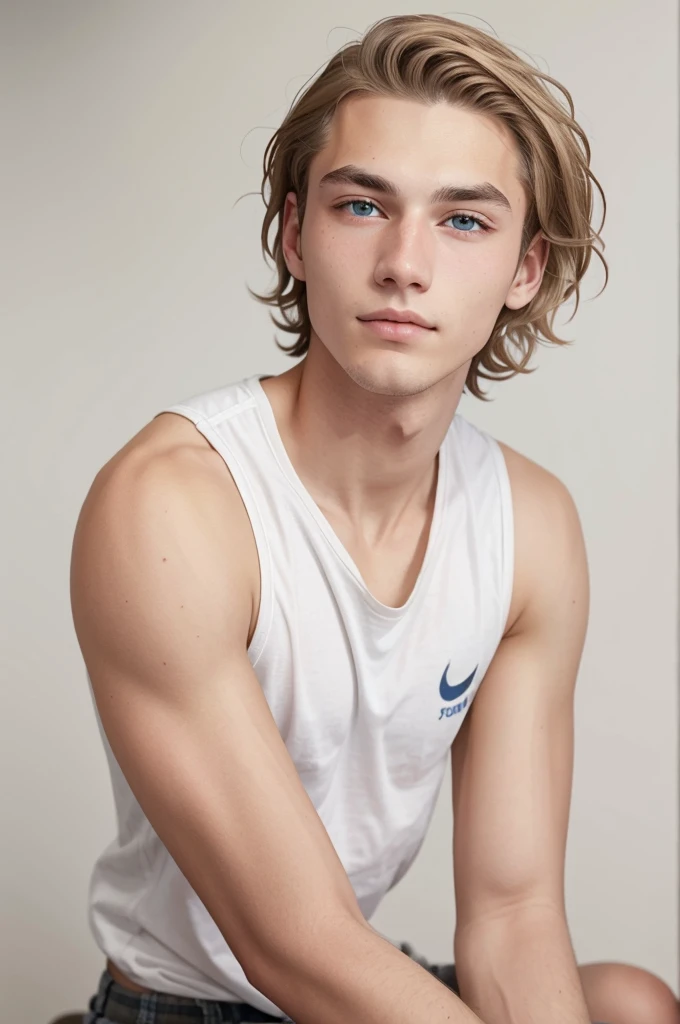 18-year-old male , with very short, almost bald, wavy blonde hair, with white background, dark brown eyes, fair skin and brown blonde eyebrows