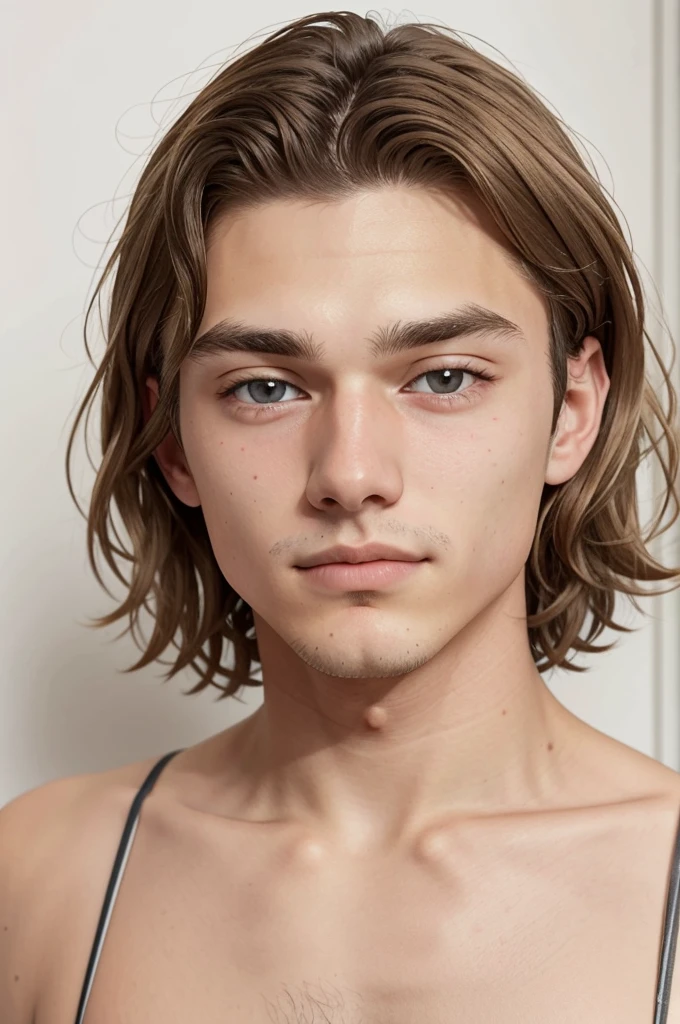 18-year-old male ager, with very short, almost bald, wavy blonde hair, with white background, dark brown eyes, fair skin and brown blonde eyebrows