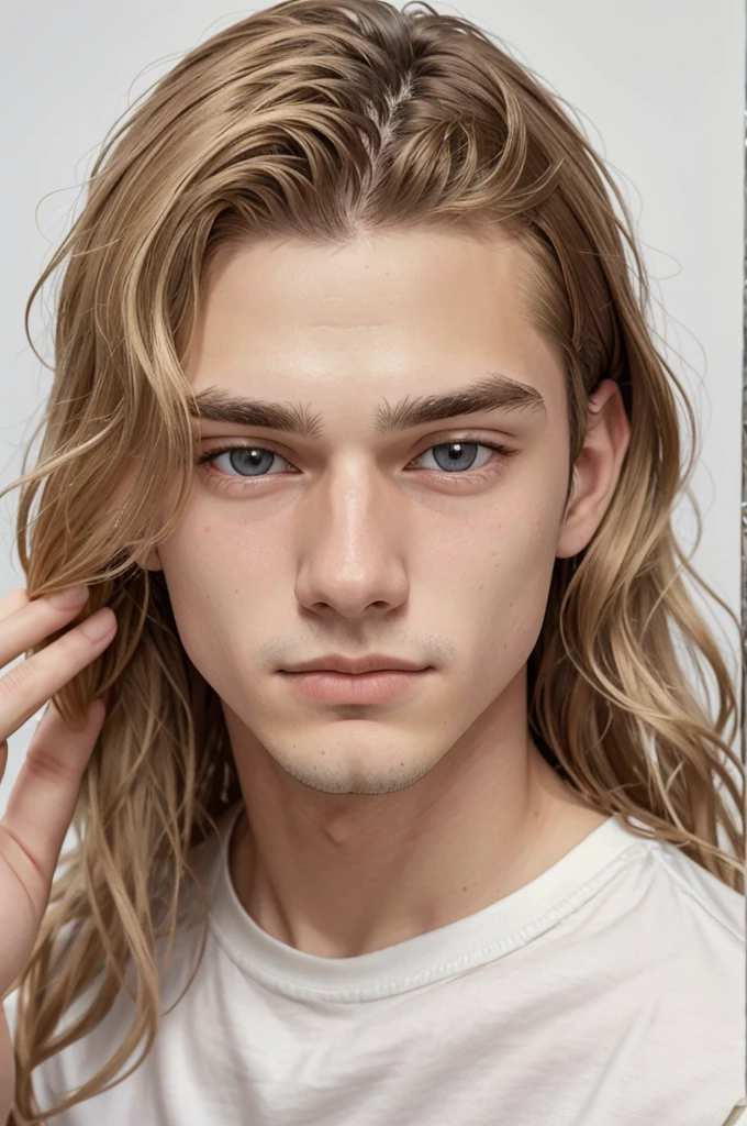 18-year-old male teenager, with very short, almost bald, wavy blonde hair, with white background, dark brown eyes, fair skin and brown blonde eyebrows