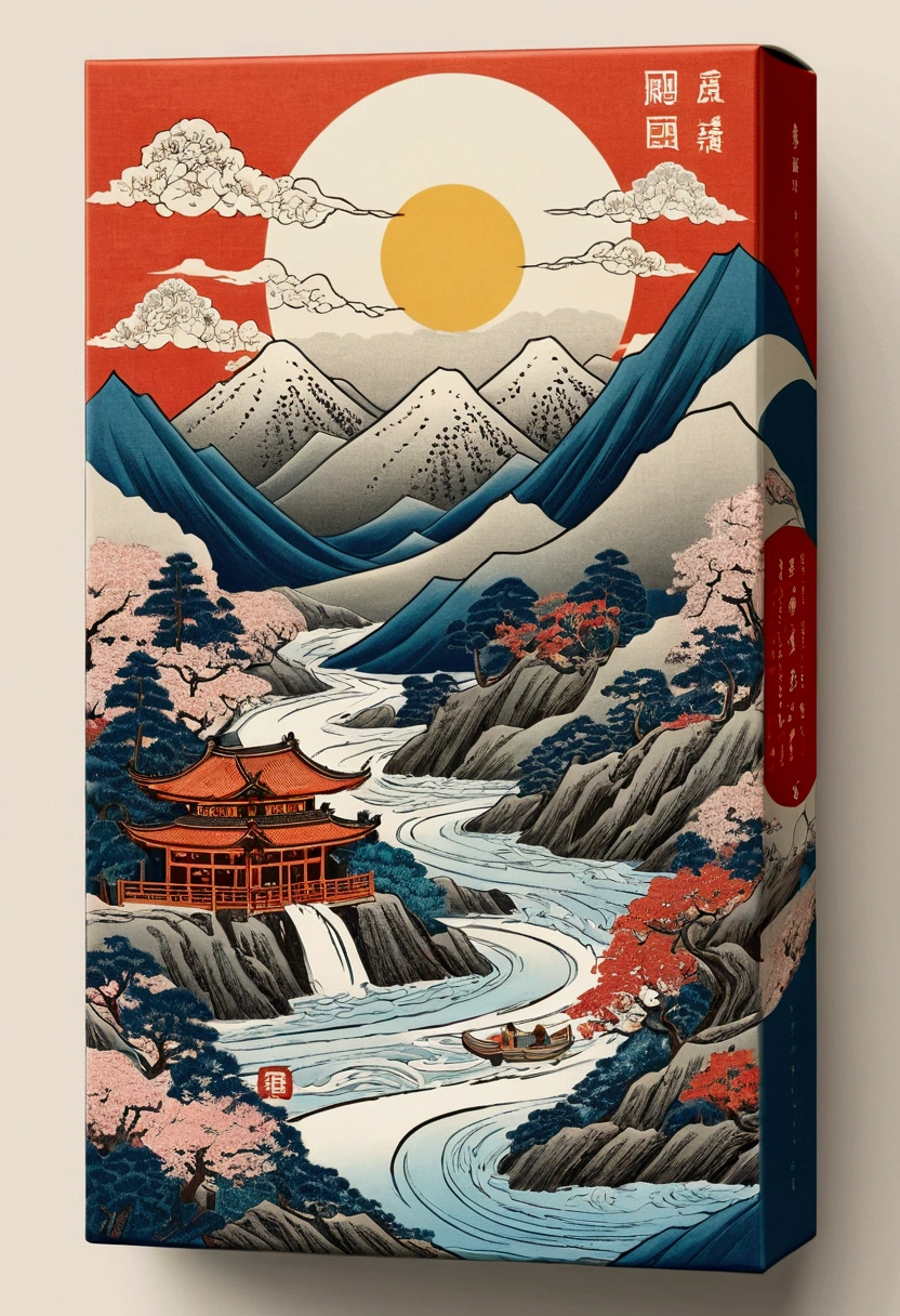 Carton packaging:Business Reading,Mountains and rivers,Rios,Sunlight,Epic creation,trace,Ethnic style,Very detailed illustrations in ukiyo-e style,A masterpiece of packaging design,Layered composition,Calm and soft color palette - AR 3:4-upbeta-s 750 style original