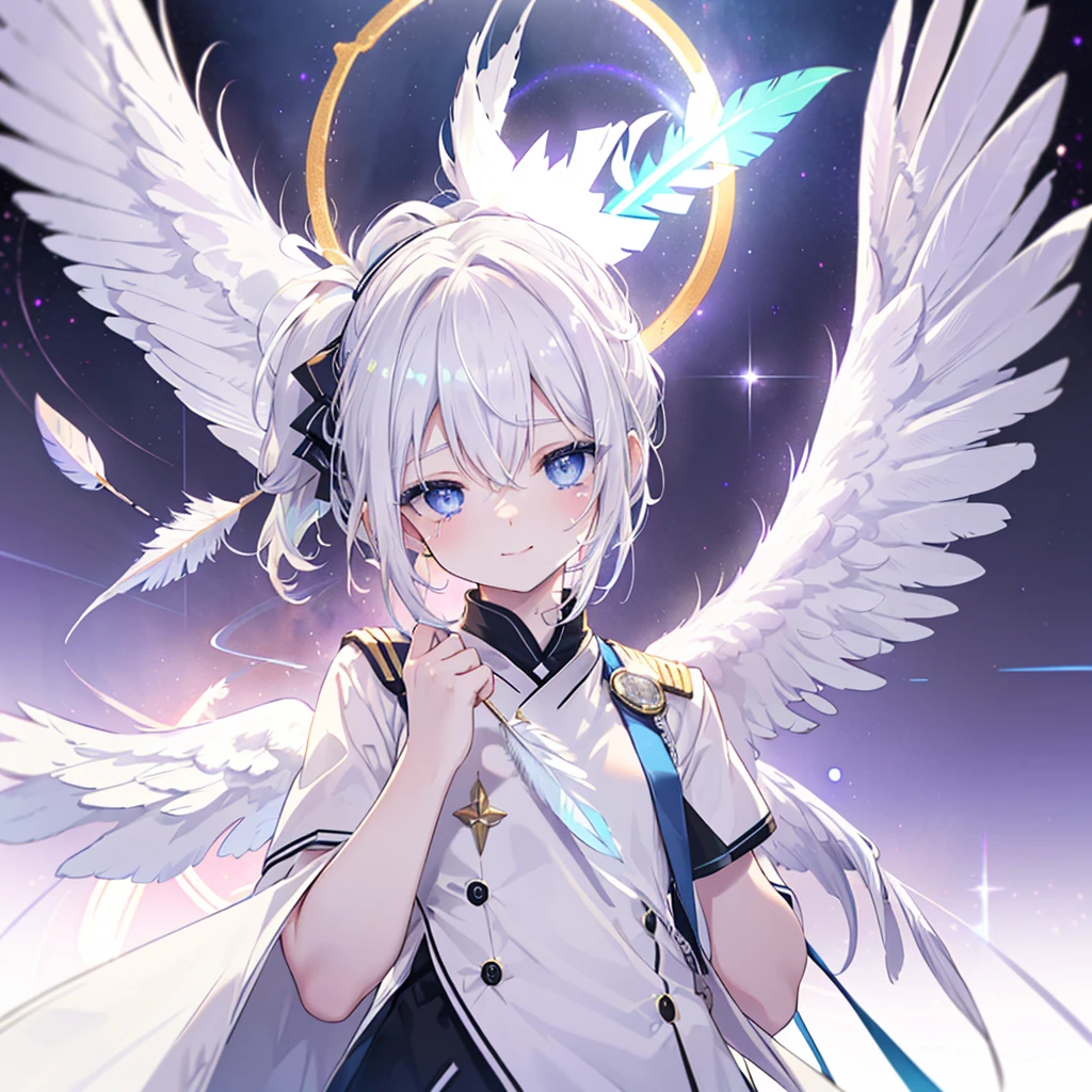 ((((Archangel、４Feathers、Angel Halo　Galaxy Background))))　(((uniform　White Hair、ponytail　White skin、Neon blue eyes、Pop stareteors)))　((Pillar of Light))　(Tears　smile)　Shining Edge、Shining Background