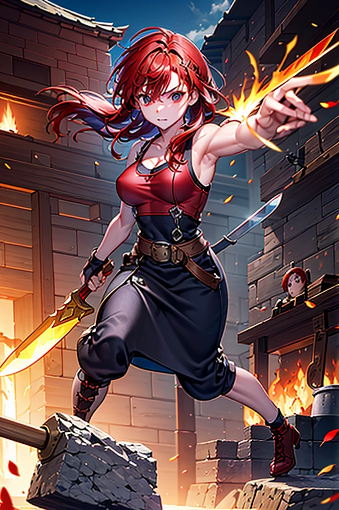 2D, muscular, blacksmith, female, red hair, forging, anvil, hammer, swords, workshop