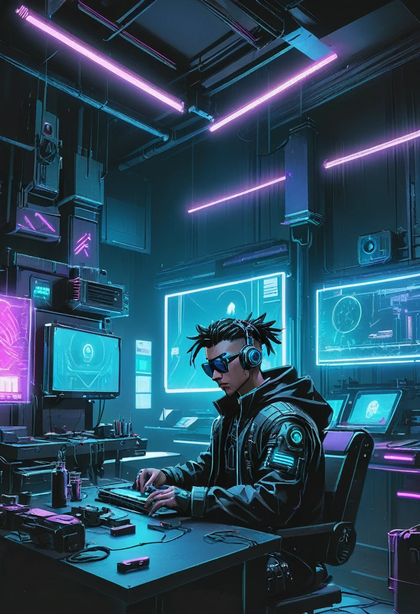 Cyberpunk workshop with blue neon lighting