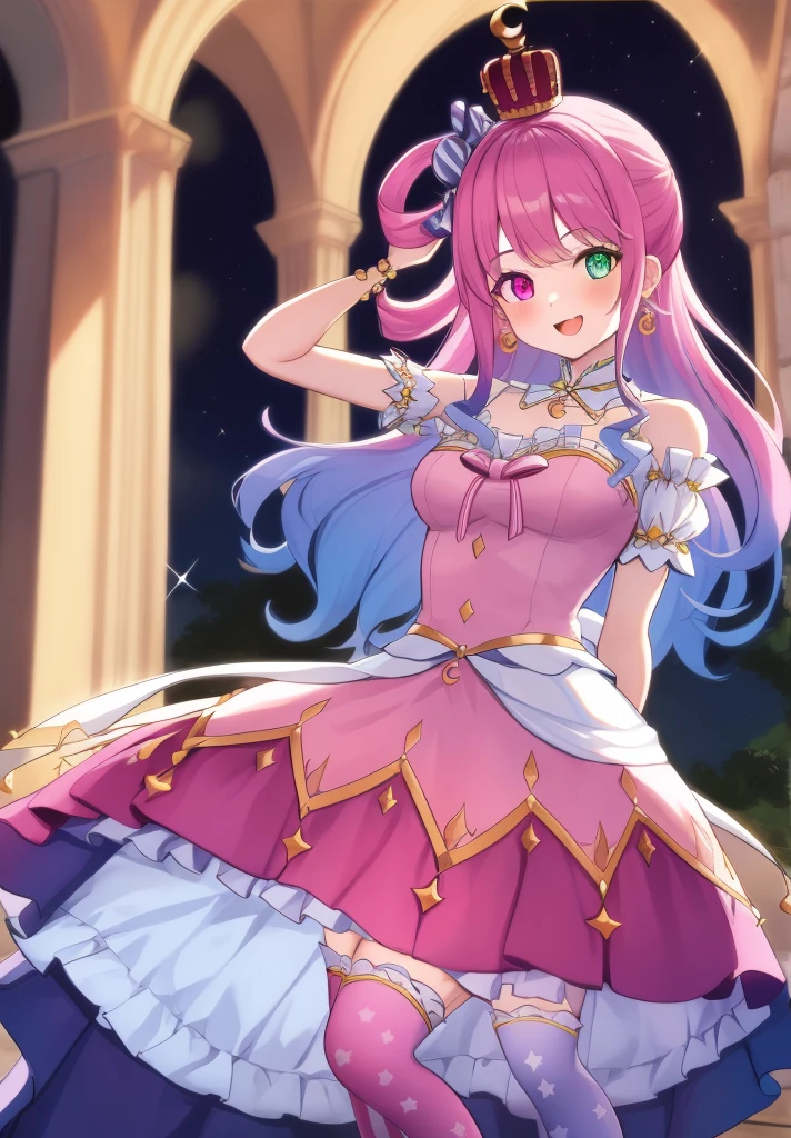 masterpiece, best quality, absurdres, 1girl, solo, heterochromia, long hair, hair rings, candy hair ornament, crown, earrings, detached collar, pink dress, bare shoulders, short sleeves, bracelet, striped thighhighs, smile, arms behind back, indoors, castle, :d, cute, sparkles,