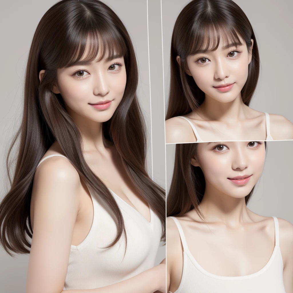 (top quality、8k、masterpiece:1.3)、1 girl、middle、She is a woman full of elegance, intelligence and cleanliness、Bob hair is characteristic。
facial features：Like Japanese and Korean beautiful female stars，The proportion of facial features is the golden ratio，大小適middle的雙眼皮，Elegant and pretty nose bridge，Pink and elastic lips，With lip beads，上下唇比例適middle，Slightly show the front teeth when smiling with hairstyle：Her hair is a beautiful bob、You can feel clean and elegant。

Hair color：她的Hair color是自然的黑棕色、Naturally flowing hair exhibits smooth luster。

skin：她的skin透明白皙粉嫩、healthy、Shiny。

clothing：She wears fashionable and simple clothes，complements her beauty。

body shape：頭部與body shape比例像伸展台的模特兒，四肢纖細胸部豐滿大小適middle可以感受身體的姿態與動作很優雅。

這款masterpiece以最高品質繪製、Cute and clean feminine charm、可愛的鮑勃頭髮和自然的棕色Hair color、and perform well through fashion with a clean feel。