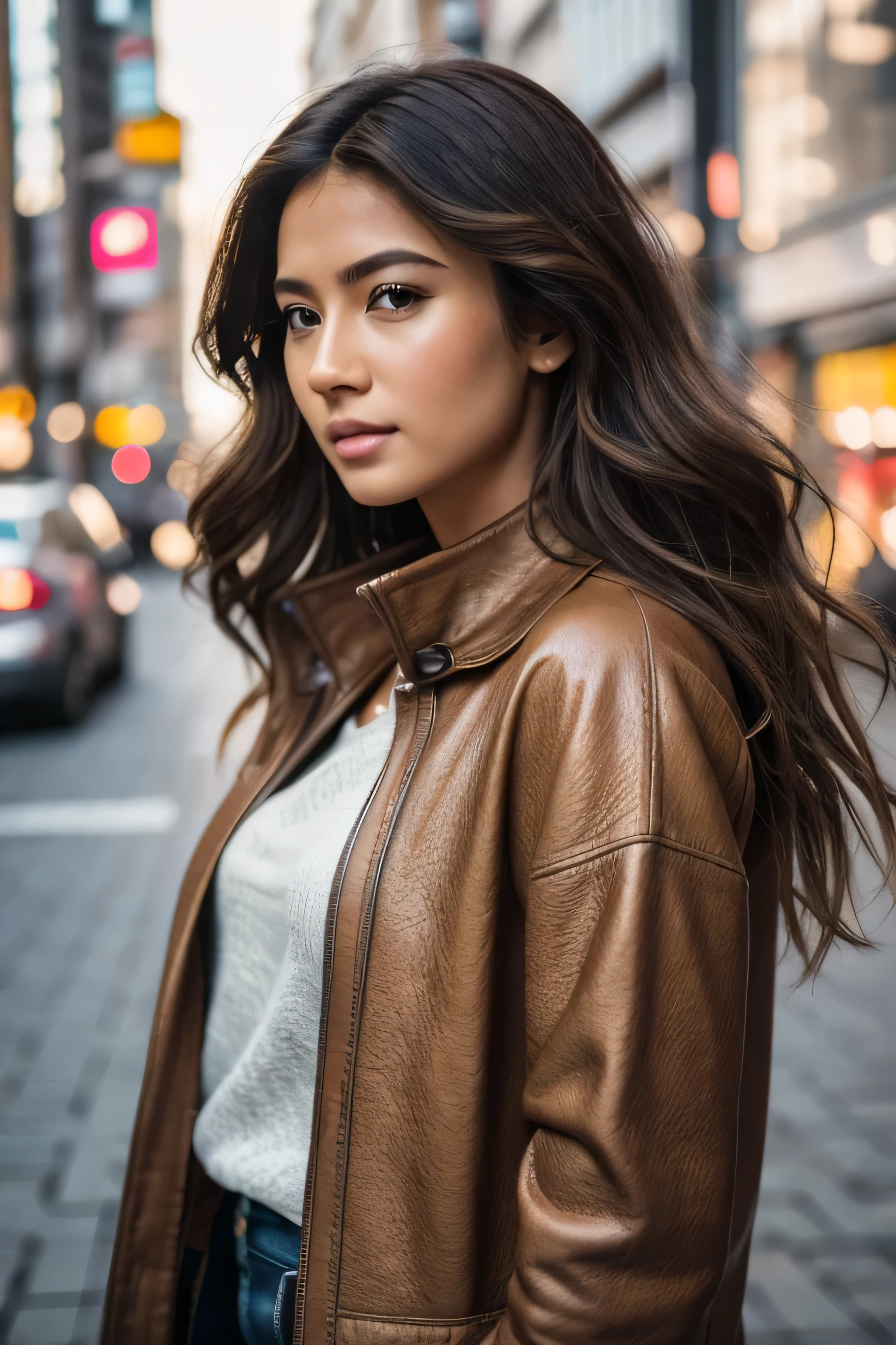 Full body of a walking, nikon d850 film stock photograph 4 kodak 400 camera f1.6 lens rich colors hyper realistic lifelike texture natural lighting trending on artstation cinestill 800, (100mm lens), mature face, beautiful European and Japanese 20 something woman, brown skin, only a short open jacket, high definition, photorealistic, raw photo, sharp, lifelike, rich texture, full lips, long wavy hair, cityscape