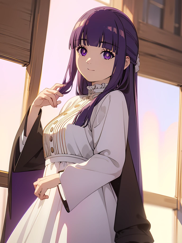 è²ä¼¦,1girl,solo,purple hair,long hair,purple eyes,blunt bangs,sidelocks,half updo,bright pupils, hair ornament,frilled collar,black robe,white dress,center frills,buttons,wide sleeves,long sleeves,curvy,cowboy shot,brown coat,from side,smile,, Exquisite visuals, high-definition,masterpiece,best quality,, 20yo,Young female,Beautiful Finger,Beautiful long legs,Beautiful body,Beautiful Nose,Beautiful character design, perfect eyes, perfect face,expressive eyes, looking at viewer, official art,extremely detailed CG unity 8k wallpaper, perfect lighting,Colorful, Bright_Front_face_Lighting,shiny skin, (masterpiece:1.0),(best_quality:1.0), ultra high res,4K,ultra-detailed, photography, 8K, HDR, highres, absurdres:1.2, Kodak portra 400, film grain, blurry background, bokeh:1.2, lens flare, (vibrant_color:1.2), (beautiful_face:1.5),(narrow_waist),