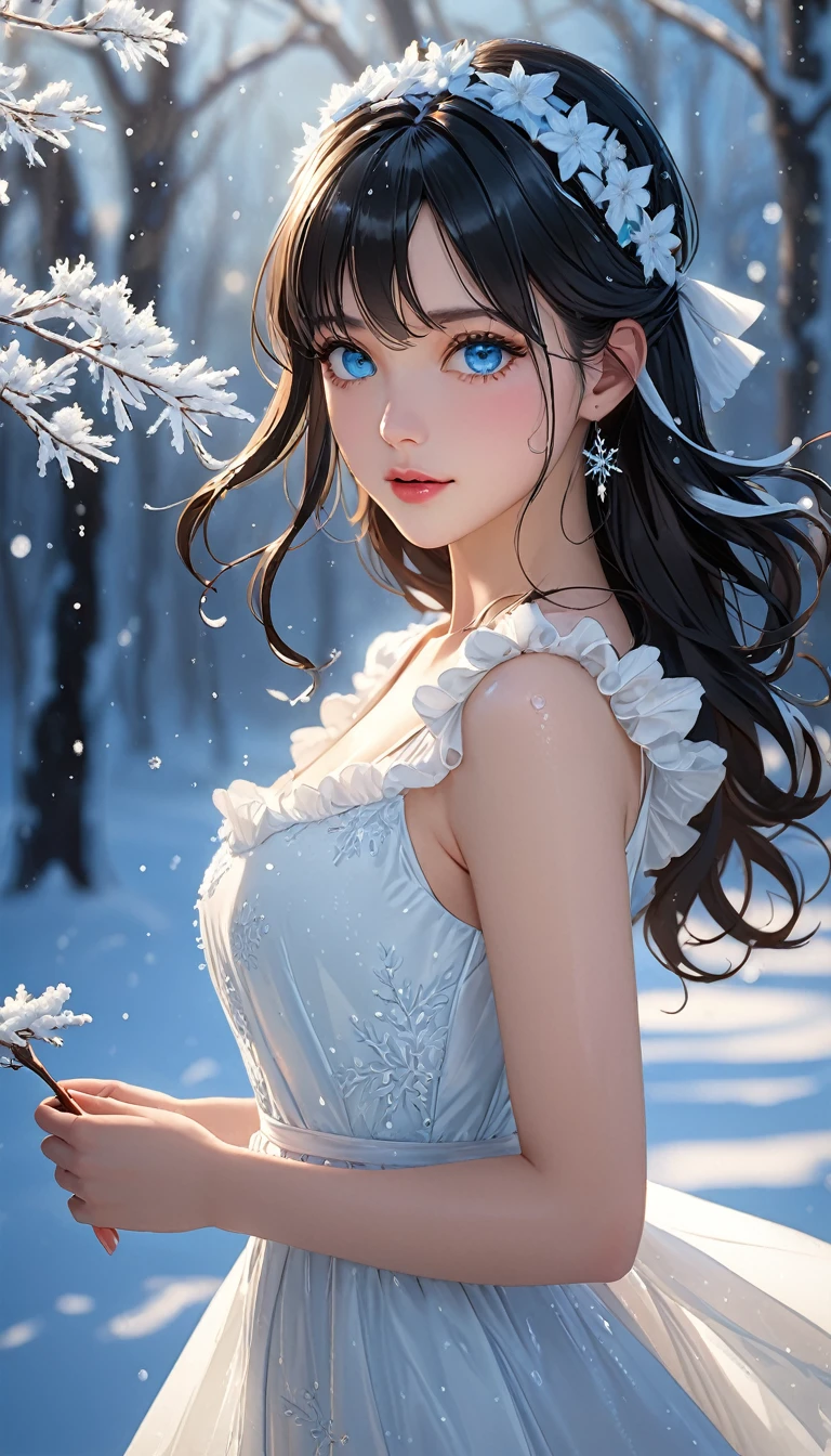 (((masterpiece))),Highest quality,figure,4k wallpaper,Cinema Lighting,Absurd,1 Girl,(snow,ice),snow flower,In winter,Black Hair,Shiny Hair,medium hair,semi-long hair,curl,(Pale blue eyes),(detailed eyes),White Dress,Elegant and beautiful dress,Frills,race,Wet clothes,Leave_shoulder,hair band,masterpiece,Absurd,Beautiful Face,Features,Natural light,Soft Light,(Seven-part combination),amazing,Dreamy and magical,mystery,