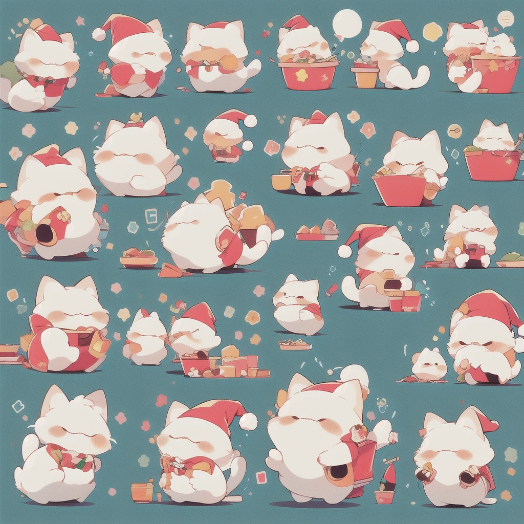 ((cute stickers, style cartoon, cute Super Deformed Character, white border, high quality, colorful, Detailed illustration of a cute cat wearing a Santa hat, awesome full color )) icon vector graphic, on white background, various poses and movements, various emotions. Christmas mood, Chibi cute style, sharp outline, separated each element, full frame , Simple, Minimalist.