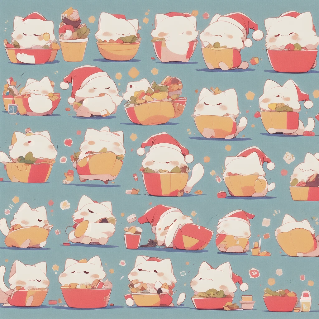 ((cute stickers, style cartoon, cute Super Deformed Character, white border, high quality, colorful, Detailed illustration of a cute cat wearing a Santa hat, awesome full color )) icon vector graphic, on white background, various poses and movements, various emotions. Christmas mood, Chibi cute style, sharp outline, separated each element, full frame , Simple, Minimalist.