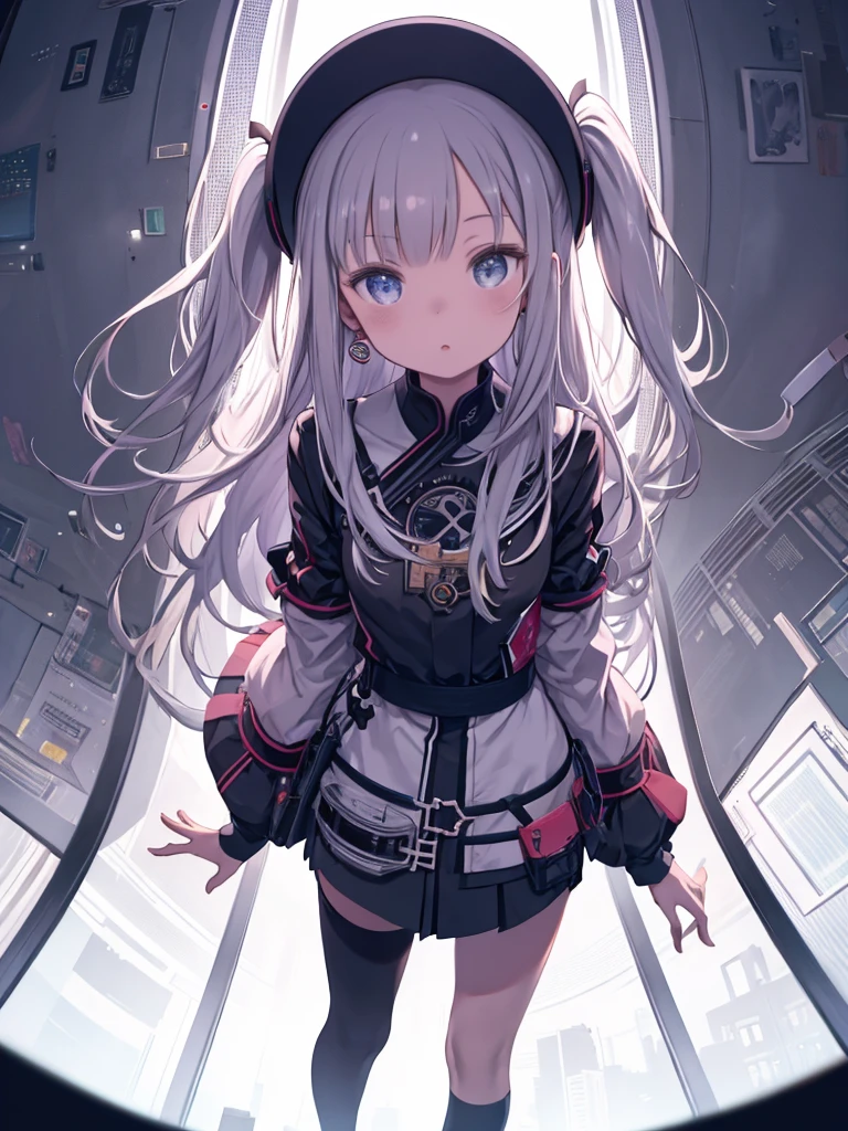 One Girl、A tower reaching into space behind、Angle from below、Girl looking up at the sky、Fisheye Lens、Orbital elevator、Tower of Babel、
