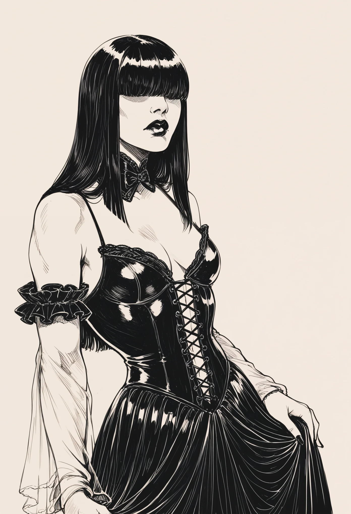 score_9, score_8_up, score_7_up, score_6_up, sp1t, monochrome, pale, smooth skin, hair over both eyes, long straight black hair, blunt bangs, full lips, slender physique, lolita fashion, black lips, scowl, centered