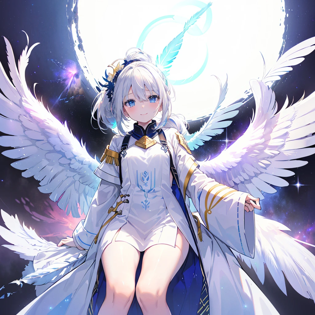((((Archangel、4Feathers、Angel Halo Galaxy Background Overall image)))) (((uniform White Hair、ponytail White skin、Neon blue eyes、Pop stareteors))) ((Pillar of Light)) (Tears smile) Shining Edge、Shining Background