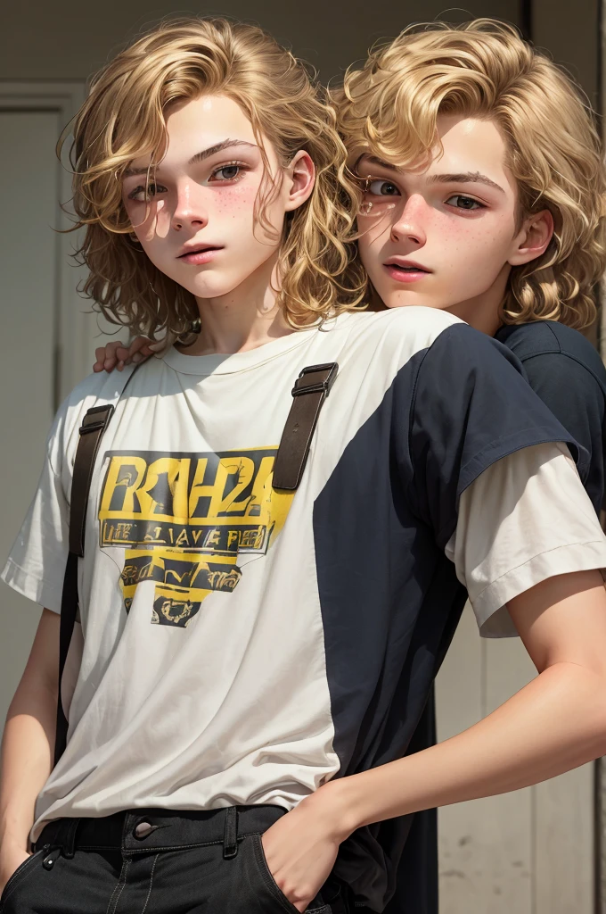 16-year-old male teenager, with very short, almost bald, wavy blonde hair, with white background, dark brown eyes, fair skin and light blonde eyebrows
