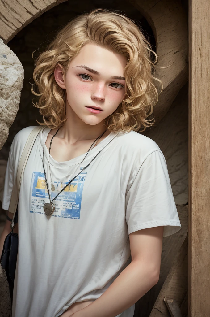16-year-old male teenager, with very short, almost bald, wavy blonde hair, with white background, dark brown eyes, fair skin and light blonde eyebrows