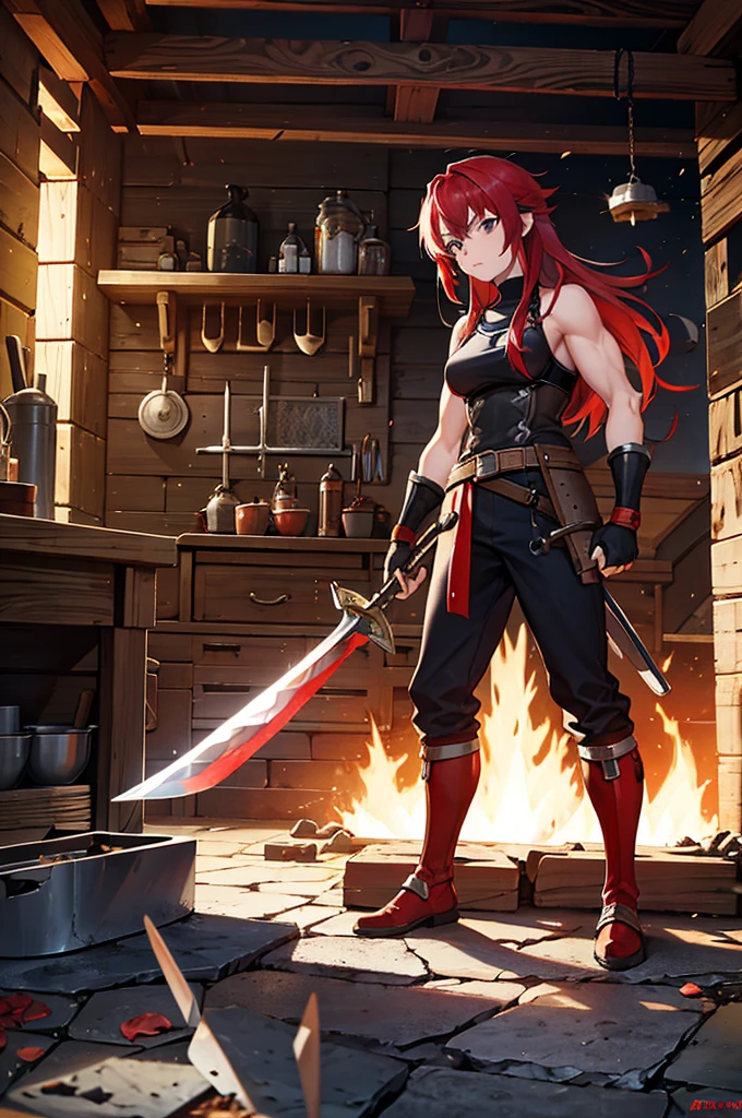 2D, muscular, blacksmith, female, red hair, forging, anvil, hammer, swords, workshop