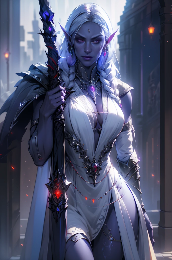 1girl, sexy drow, purple-blue skin, pale silver long elaborate braids, ((red eyes)), jewels, elf ears, earrings, ((white sorceress sexy dress)), ((wields staff)), ((cast light magic)), on a roof of scyscraper, athletic, volumetric lighting, best quality, masterpiece, realistic, anatomically correct, (strong cinematic lighting), stunning details, intricate details, 8k post-production, High resolution, super details, trending on ArtStation, sharp focus, depth of field f/1.8, studio photos, (((looking at camera)))