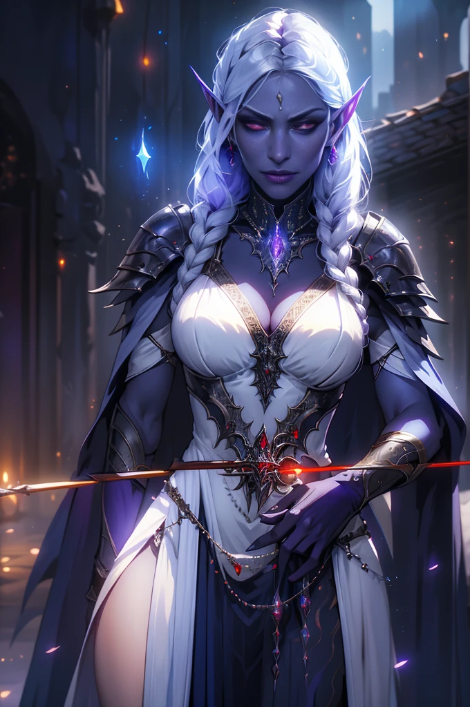 1girl, sexy drow, purple-blue skin, pale silver long elaborate braids, ((red eyes)), jewels, elf ears, earrings, ((white sorceress sexy dress)), ((wields staff)), ((cast light magic)), on a roof of scyscraper, athletic, volumetric lighting, best quality, masterpiece, realistic, anatomically correct, (strong cinematic lighting), stunning details, intricate details, 8k post-production, High resolution, super details, trending on ArtStation, sharp focus, depth of field f/1.8, studio photos, (((looking at camera)))