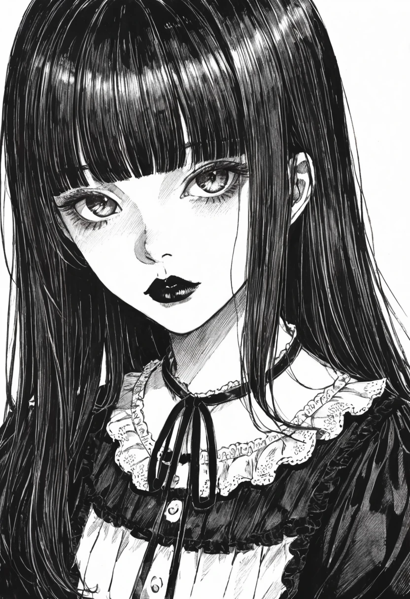 score_9, score_8_up, score_7_up, score_6_up, sp1t, monochrome, Hyper detailed hatching, pale, smooth skin, hair over both eyes, long straight black hair, blunt bangs, full lips, slender physique, lolita fashion, black lips, scowl, centered