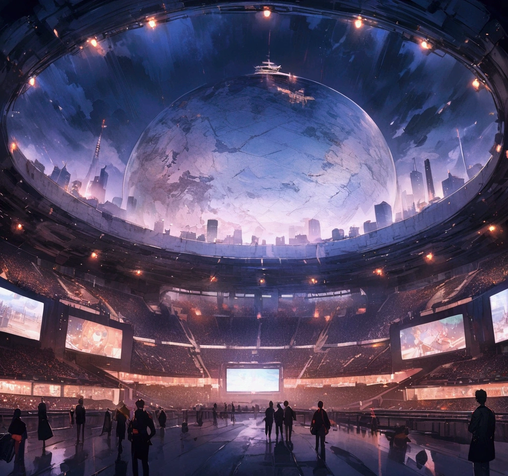 high resolution,80SSF,background,Stadium,Airship with advertising monitor,Searchlight,night,City,16:9,building