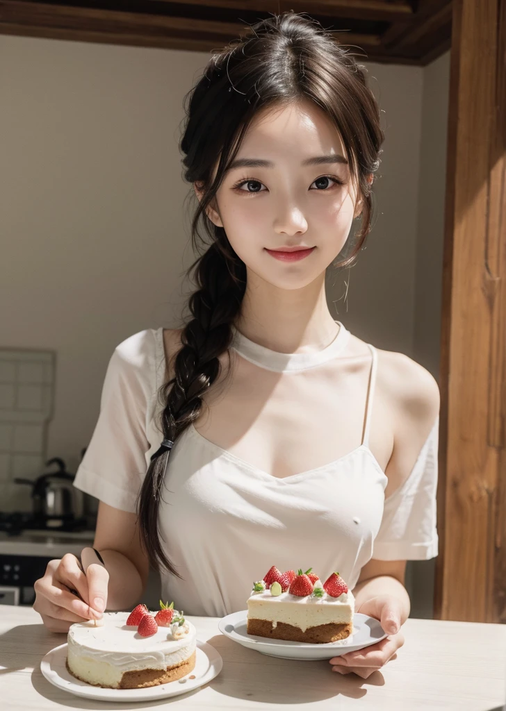 Diffuse lighting、 Highest quality, High resolution, unity 8k wallpaper、Supersaturation, Japanese、1 female、23 years old、Highest quality、8k、超High resolution、Clear photos、Professional Lighting、adult、Long Hair、smile、Ultra slim、Tight waist、Slender body、Pastry chef、Make a cake、Upper body close-up、Hair tied up、sense of cleanliness、