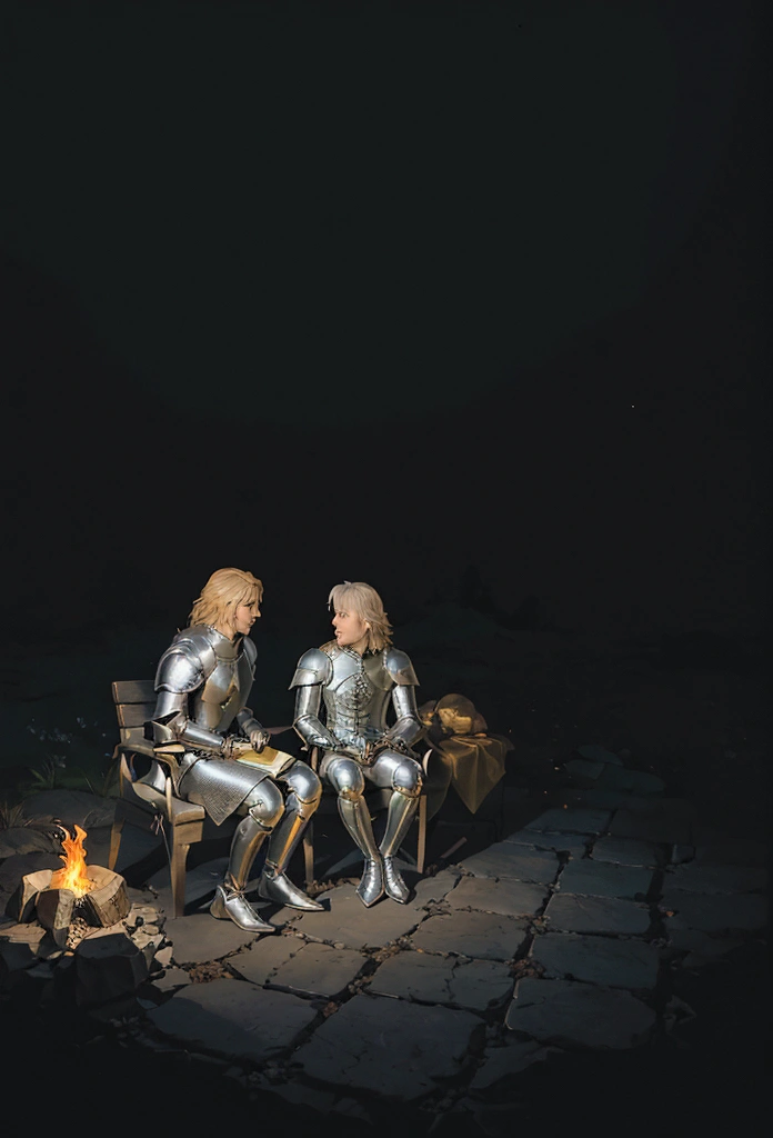 Create a picture showing two knights sitting chatting around a campfire at night. The first knight wore silver armor with a dragon crest on his chest, and the second knight wearing golden armor with a lion emblem. They seemed focused on each other in their conversation, against the backdrop of a night full of stars faintly visible in the distance.