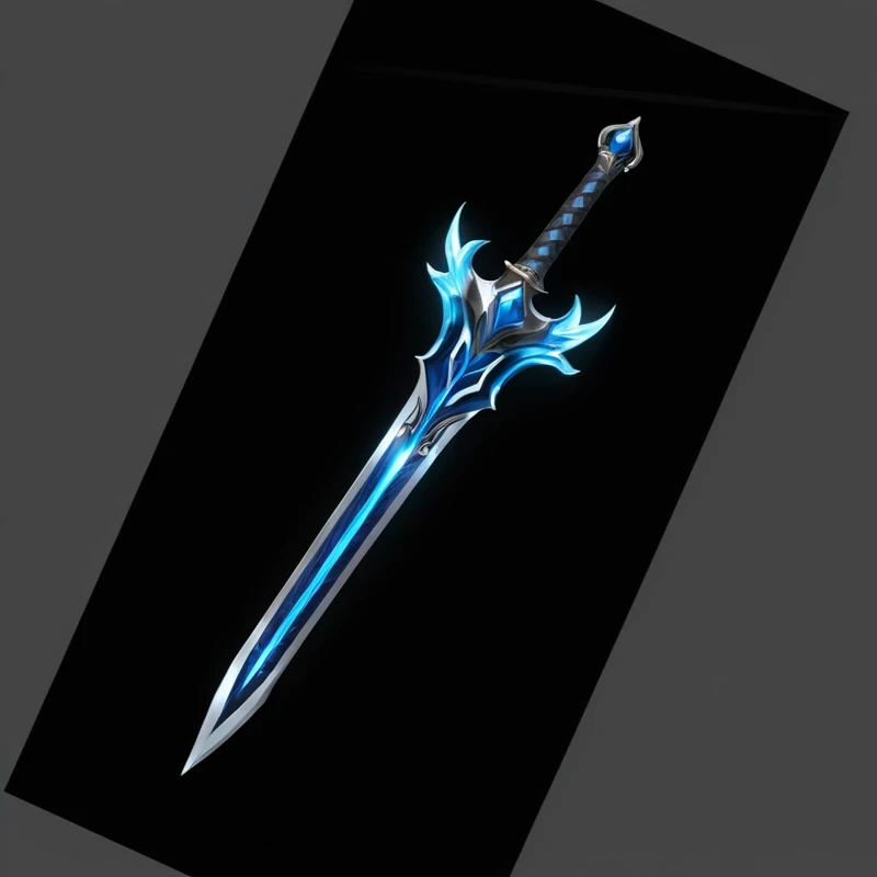 Close up of a blue sword on a black background, Fantasy Blade, Fantasy Sword, raytraced blade, Armor Sword, Great Sword, Great Sword, Serrated Sword, Sword Design, The style of the Ghost Slayer Blade, realistic lance, Shining Sword, Fantasy weapons, Sword weapons, Glowing sword, Great Sword, Intricate Fantasy Spear, Fantasy Sword of warrior