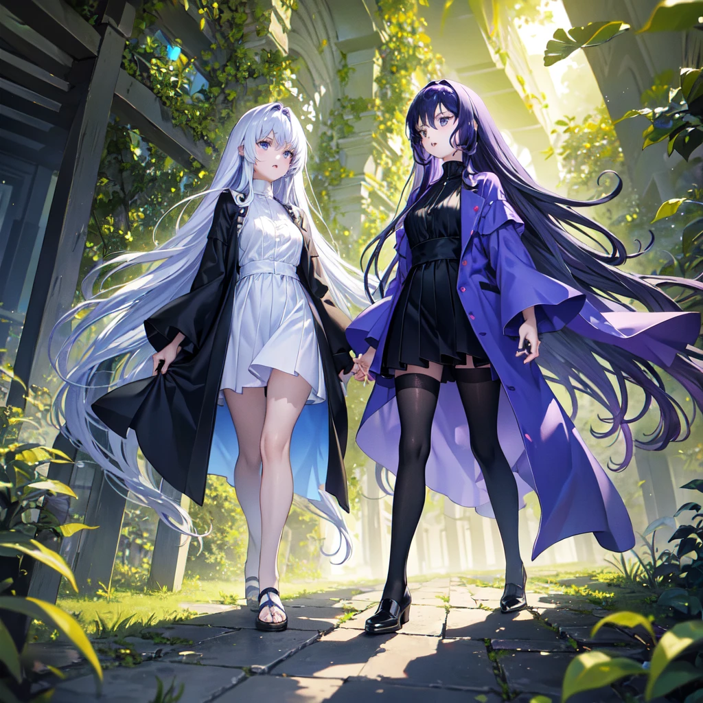 Two girls,long purple hairs,
Teenage, walking while lol 
Beautiful greenery in background,
Lighting in eyes.
Fire like ora, blue lighting.
Dark black colors clothes full body in thick clothes.