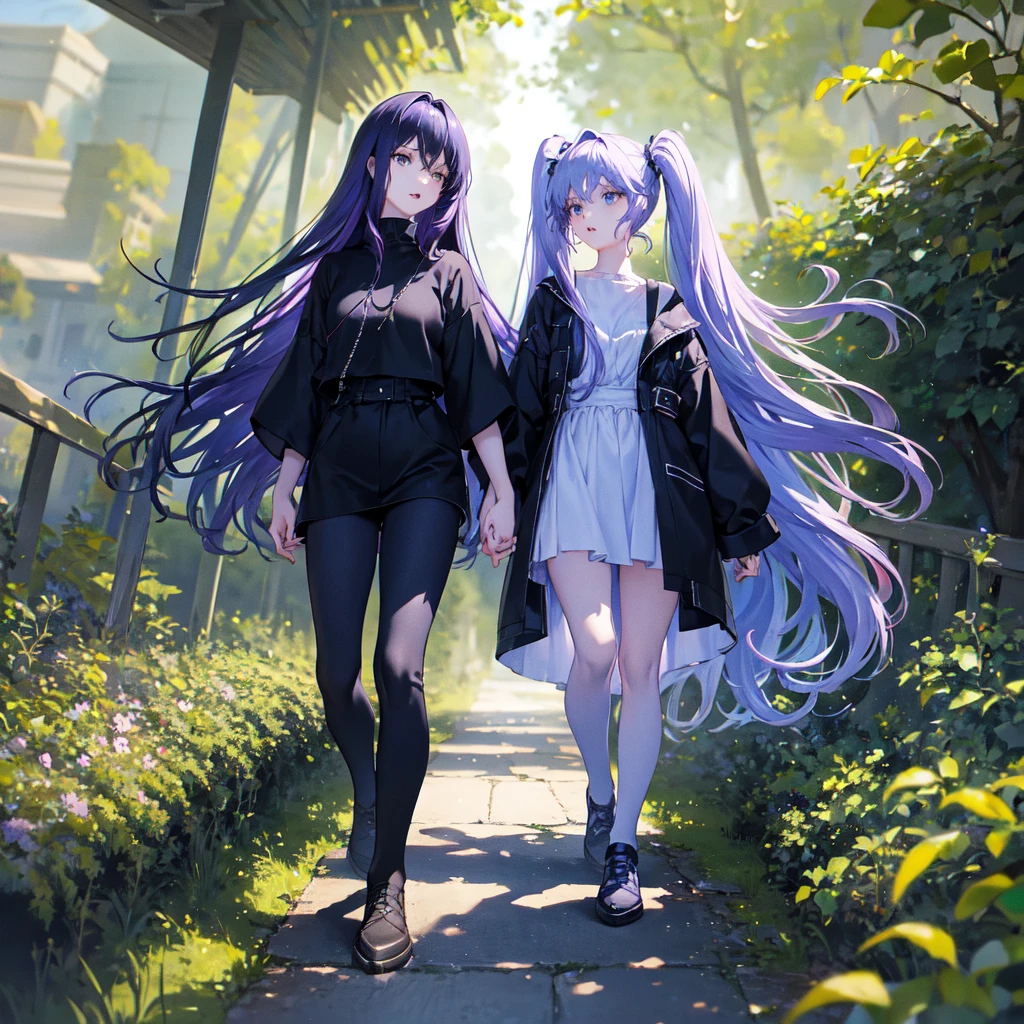 Two girls,long purple hairs,
Teenage, walking while lol 
Beautiful greenery in background,
Lighting in eyes.
Fire like ora, blue lighting.
Dark black colors clothes full body in thick clothes.