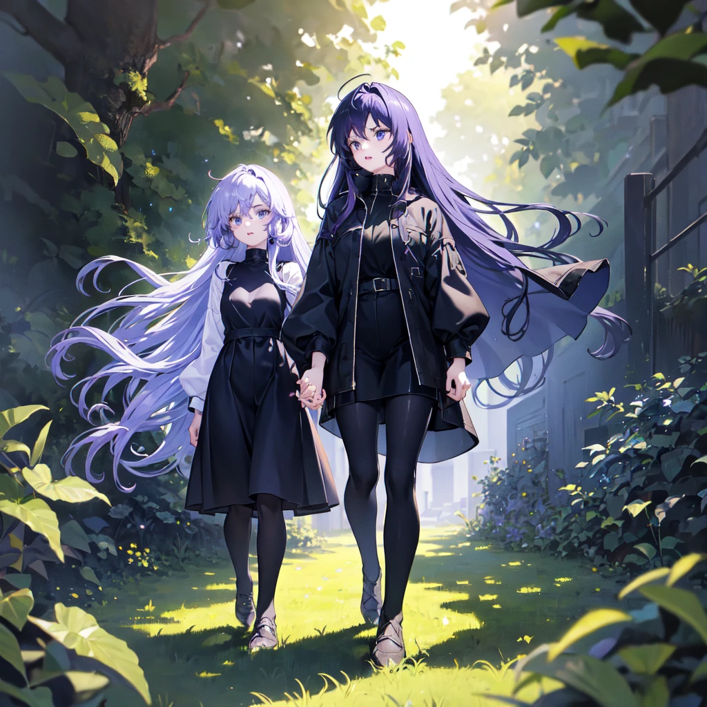 Two girls,long purple hairs,
Teenage, walking while lol
Beautiful greenery in background,
Lighting in eyes.
Fire like ora, blue lighting.
Dark black colors clothes full body in thick clothes.