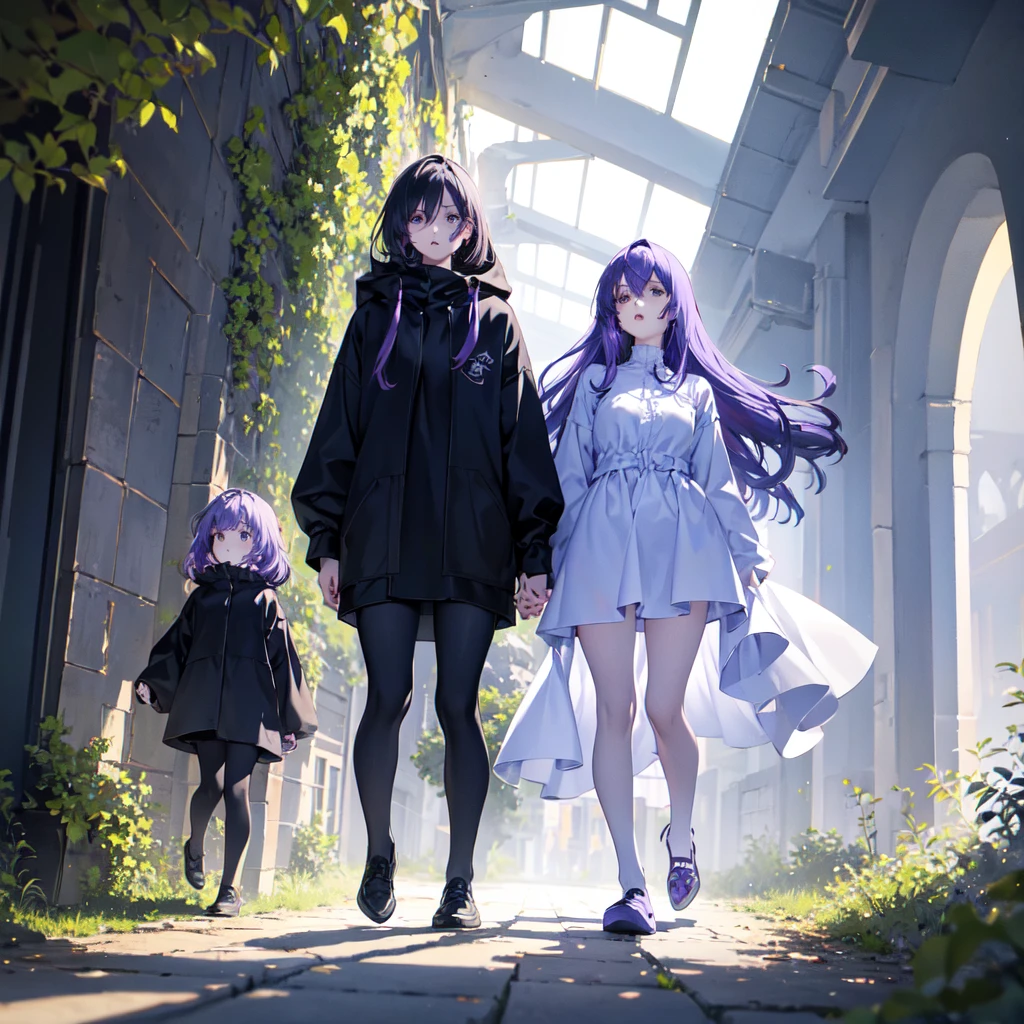Two girls,long purple hairs,
Teenage, walking while lol
Beautiful greenery in background,
Lighting in eyes.
Fire like ora, blue lighting.
Dark black colors clothes full body in thick clothes.