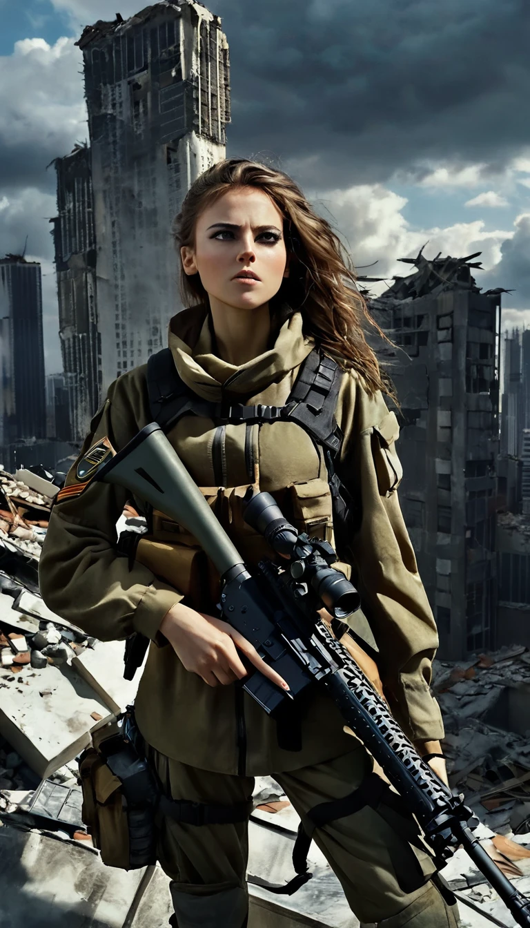 Full body shot, beautiful detailed eyes, beautiful detailed lips, extremely detailed eyes and face, longeyelashes, 1girl, female military sniper, holding huge sniper riffle,  realistic, city camouflage, post-apocalitic city, destroyed city, skyscrapers roof, dark moody lighting, dramatic lighting, cinematic, high quality, 8k, ultra-realistic, masterpiece, award winning, photorealistic