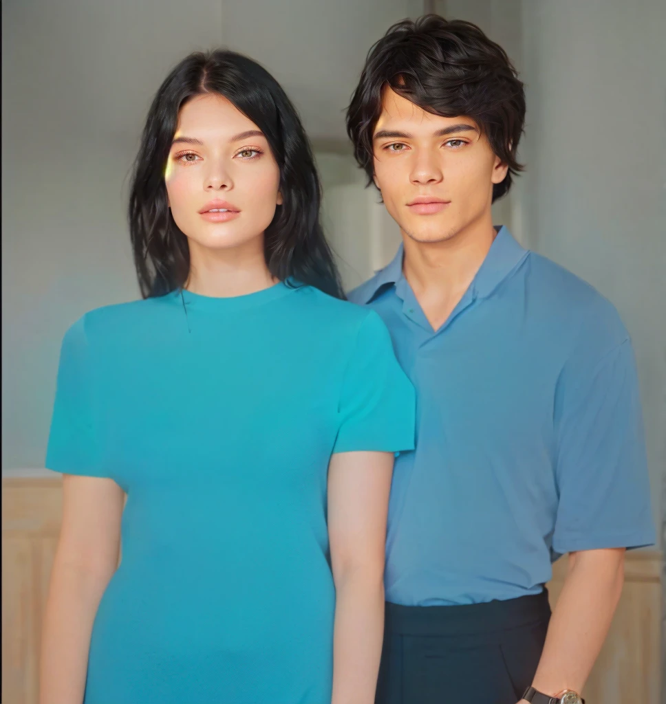 The man's shirt is light-colored, his pants are black, and he has a watch on his left hand. The woman is wearing a light colored dress, her hair is black, and she is wearing a watch on her right hand. Both are a couple. The color of the skin is pale. The floor is an old house