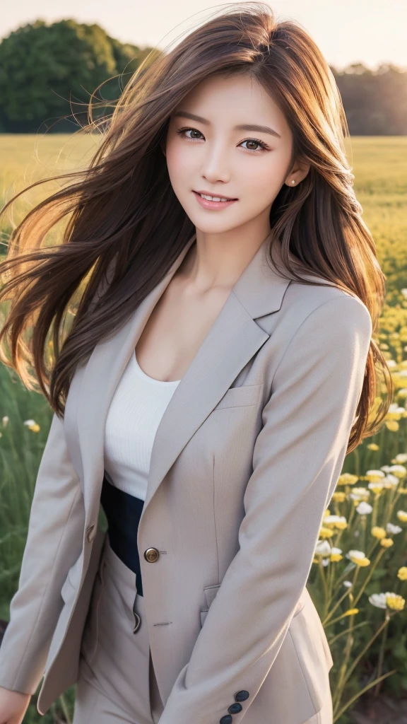 highest quality、genuine、Super detailed、finely、High resolution、8k wallpaper、one beautiful woman、、、light brown disheveled hair、wearing a business suit、sharp focus、perfect dynamic composition、beautiful and detailed eyes、thin hair、Detailed genuine skin texture、smile、model body shape、In a windswept meadow