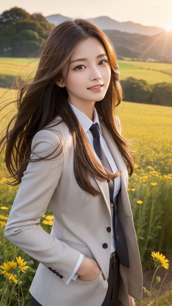 highest quality、genuine、Super detailed、finely、High resolution、8k wallpaper、one beautiful woman、、、light brown disheveled hair、wearing a business suit、sharp focus、perfect dynamic composition、beautiful and detailed eyes、thin hair、Detailed genuine skin texture、smile、model body shape、In a windswept meadow