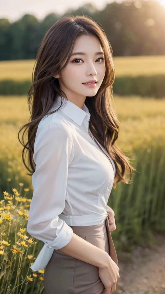 highest quality、genuine、Super detailed、finely、High resolution、8k wallpaper、one beautiful woman、、、light brown disheveled hair、wearing a business suit、sharp focus、perfect dynamic composition、beautiful and detailed eyes、thin hair、Detailed genuine skin texture、smile、model body shape、In a windswept meadow