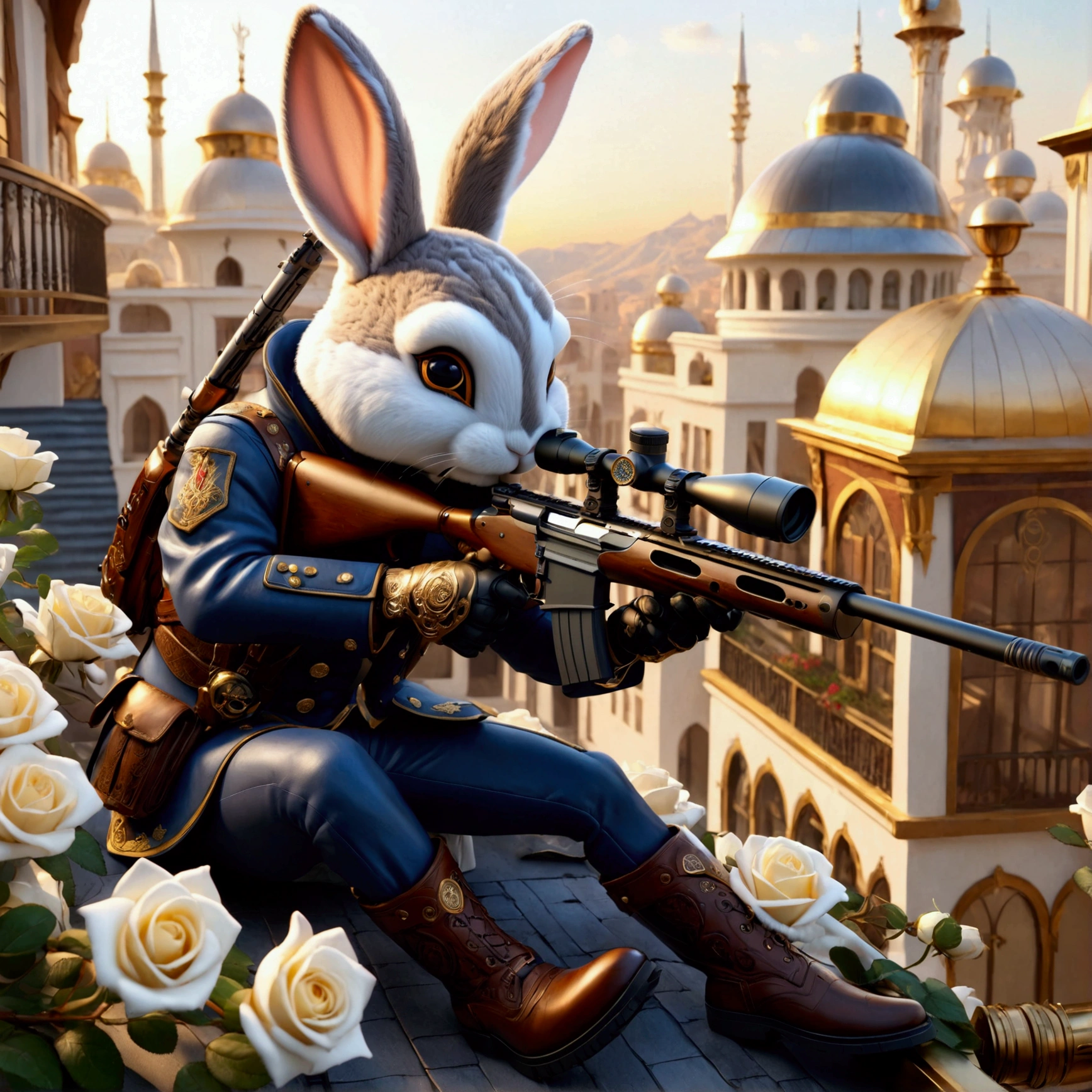 (Close-up front view of anthropomorphic bunny on roof and aiming with elite sniper rifle:1.3), (pointed at the viewer:1.3), brown bunny, (rifle has ornate golden handle:1.1), (hiding amidst abundance of white roses:1.2), (stylish high-neck military jacket:1.1), (leather gloves and boots:1.1), (background is futuristic balcony with Arabian steampunk design:1.1), (beautiful twilight:1.2), bright colors, masterpiece in maximum 16K resolution, best quality, ultra detailed, aesthetics, absurdes.