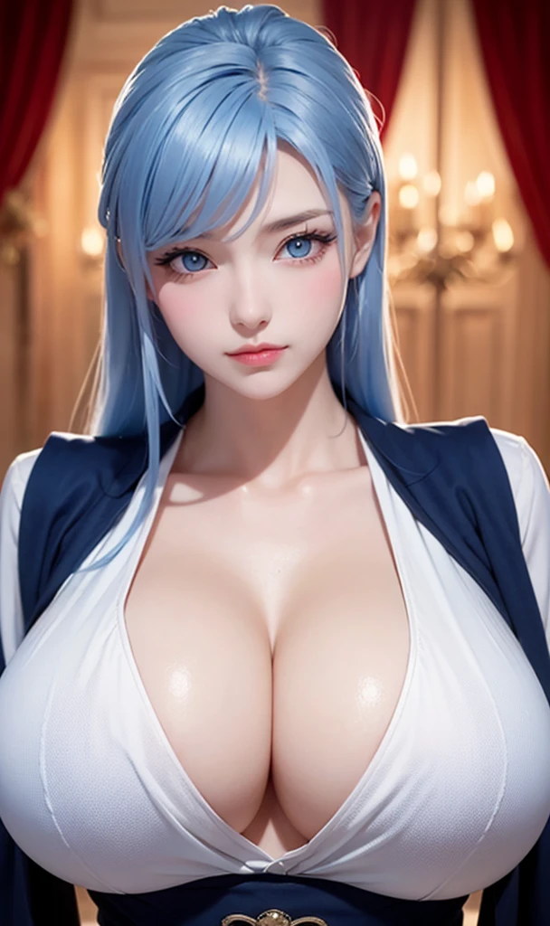 sylpha, long_hair, 1girl, blue_eyes, blue_hair, solo, blush, large_breasts,  vest, white_shirt,, score_9, score_8_up, score_7_up, , ((high resolution 1.9)),((high quality 1.9)),((high detailed 1.9)),((masterpiece)),(perfect lightings)),((very Big breasts 1.9)), very Big breasts, bursting breast, ultra huge breast, ultra detailed, ultra realistic 