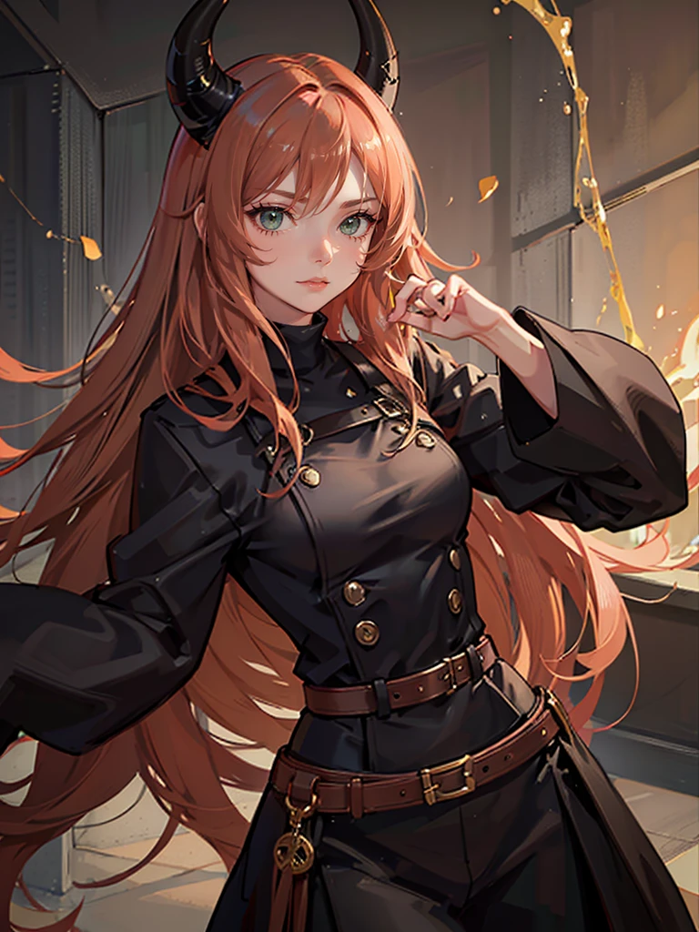 Young girl with light copper hair, Dark green eyes, sly facial expression, sexy girl, dressed in simple black clothes, long hair, cute face, Big hips, belt art , black small horns on the head, witch 