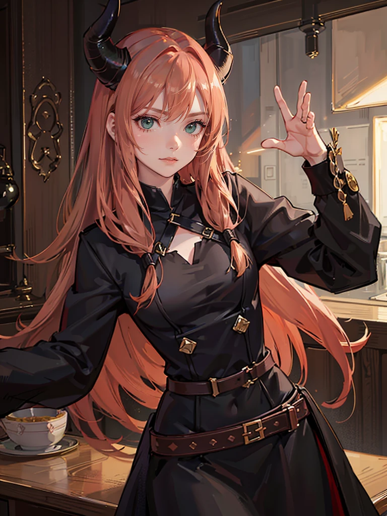 Young girl with light copper hair, Dark green eyes, sly facial expression, sexy girl, dressed in simple black clothes, long hair, cute face, Big hips, belt art , black small horns on the head, witch 