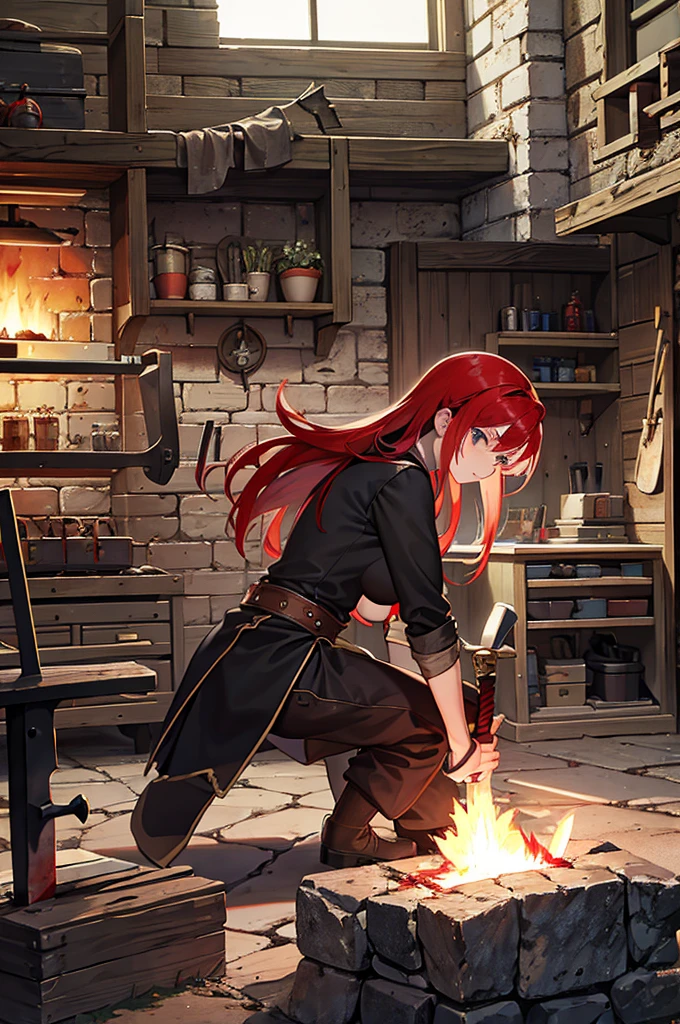 2D, blacksmith, female, red hair, forging, anvil, hammer, swords, workshop