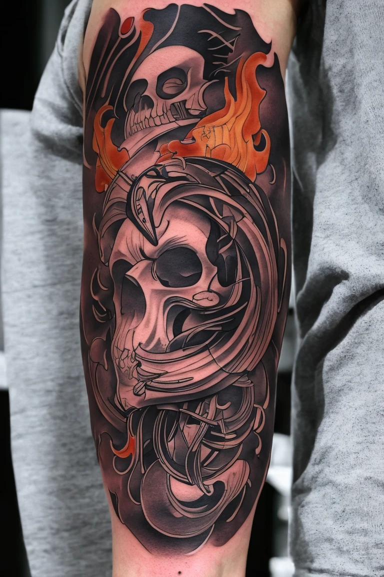 Calligraphy style, A japanse tattoo, A traditional japanese tattoo, Masterpiece, High quality, ultra details, A perfect skull with Japanese wave background and violet fire effects, skull, skull, skull, Upper arm tattoo.