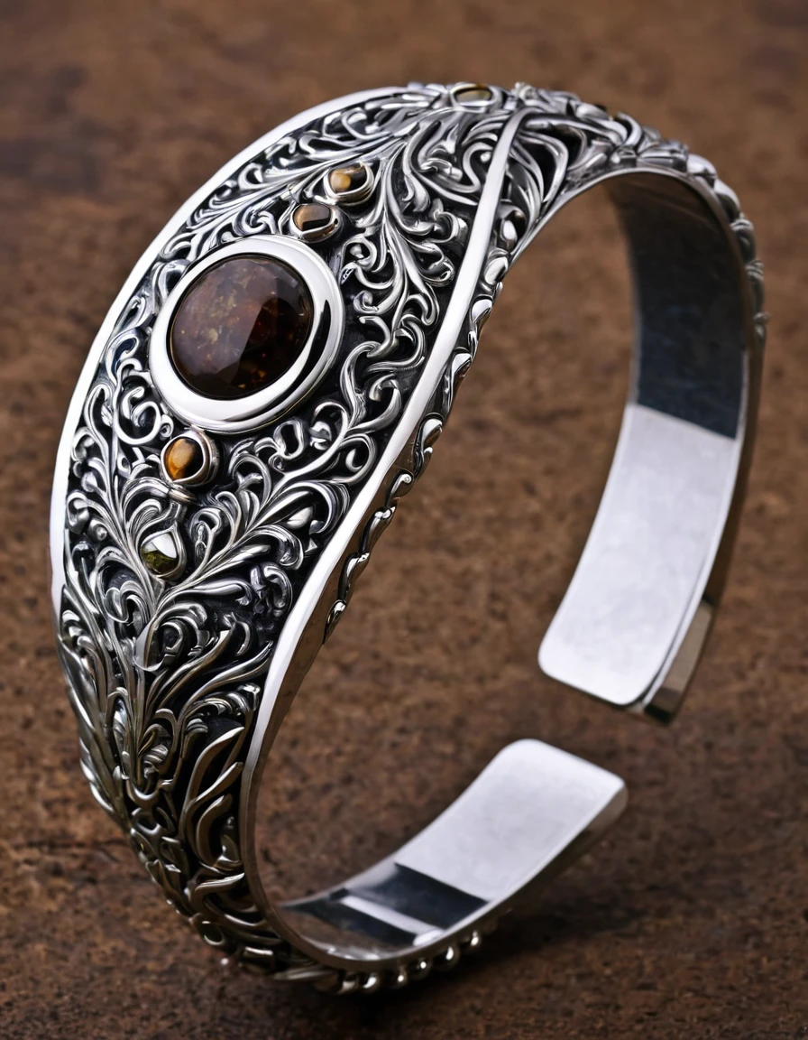 A men's bracelet of silver. A special carved stone design in the middle.